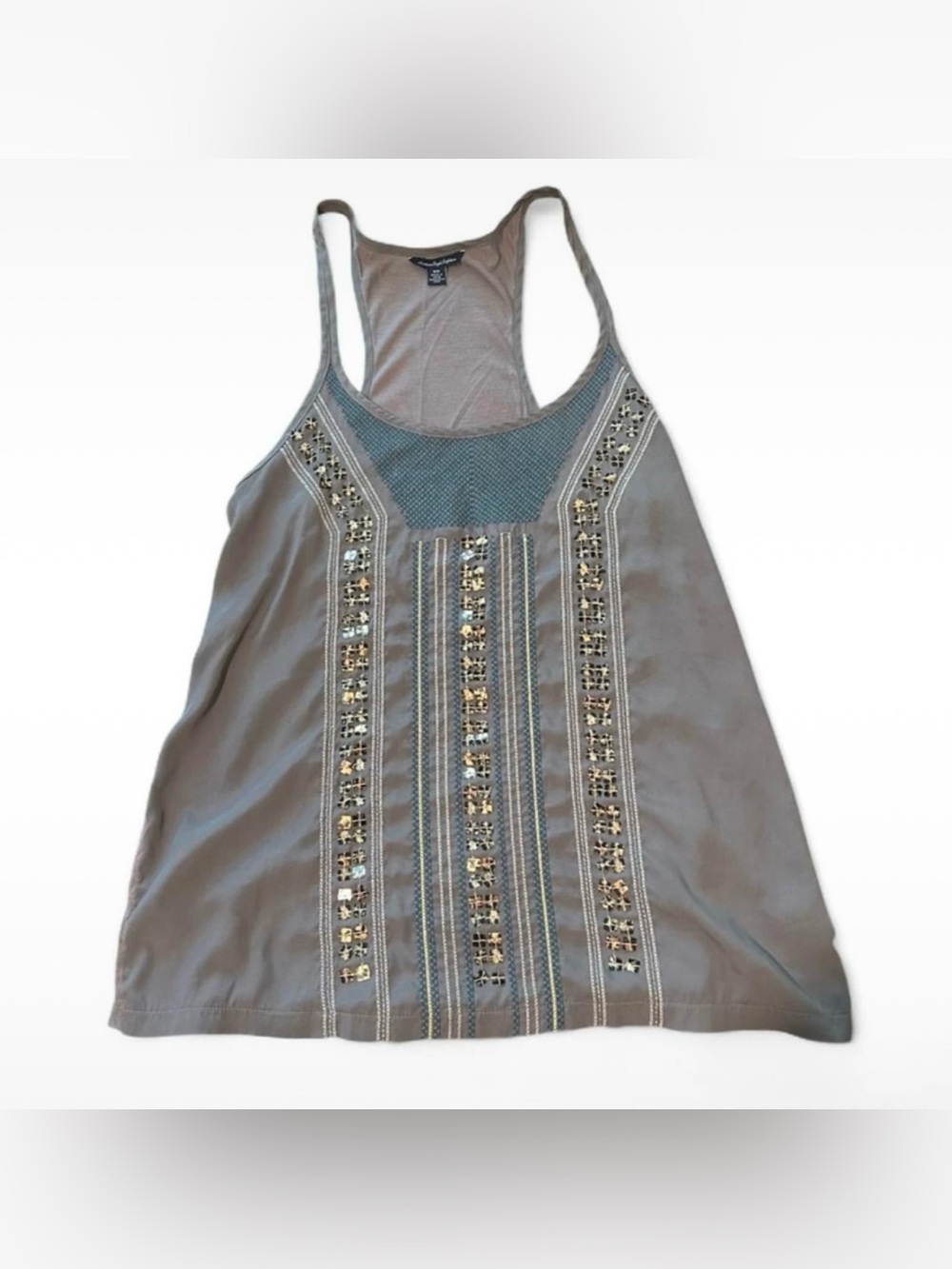 vintage y2k American Eagle Outfitters gray beaded embroidered tank top